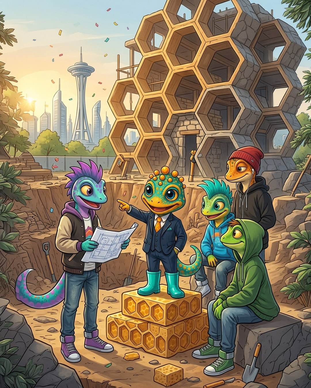 Finanzino erklärt einer Gruppe junger Gecko-Charaktere auf einer Baustelle die Baupläne eines Hauses