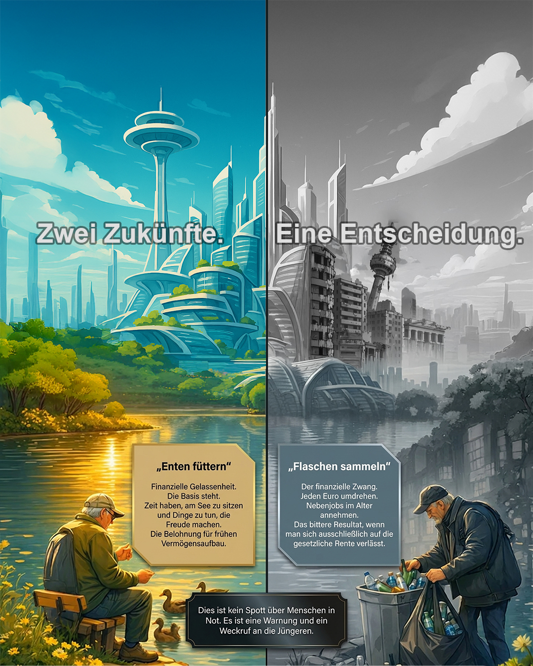 Zwei Zukünfte – eine Entscheidung: Enten füttern vs. Flaschen sammeln