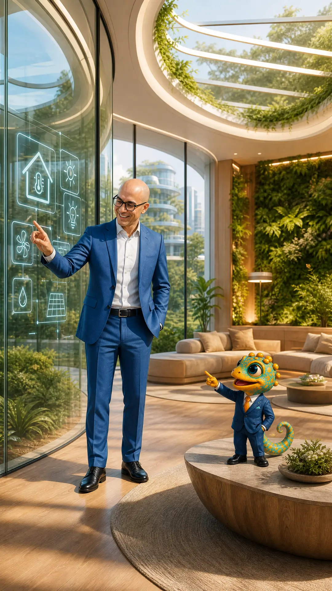 Herr Müller und Finanzino im begrünten Headquarter der Visionären Allianz vor einem Smart-Home-Display