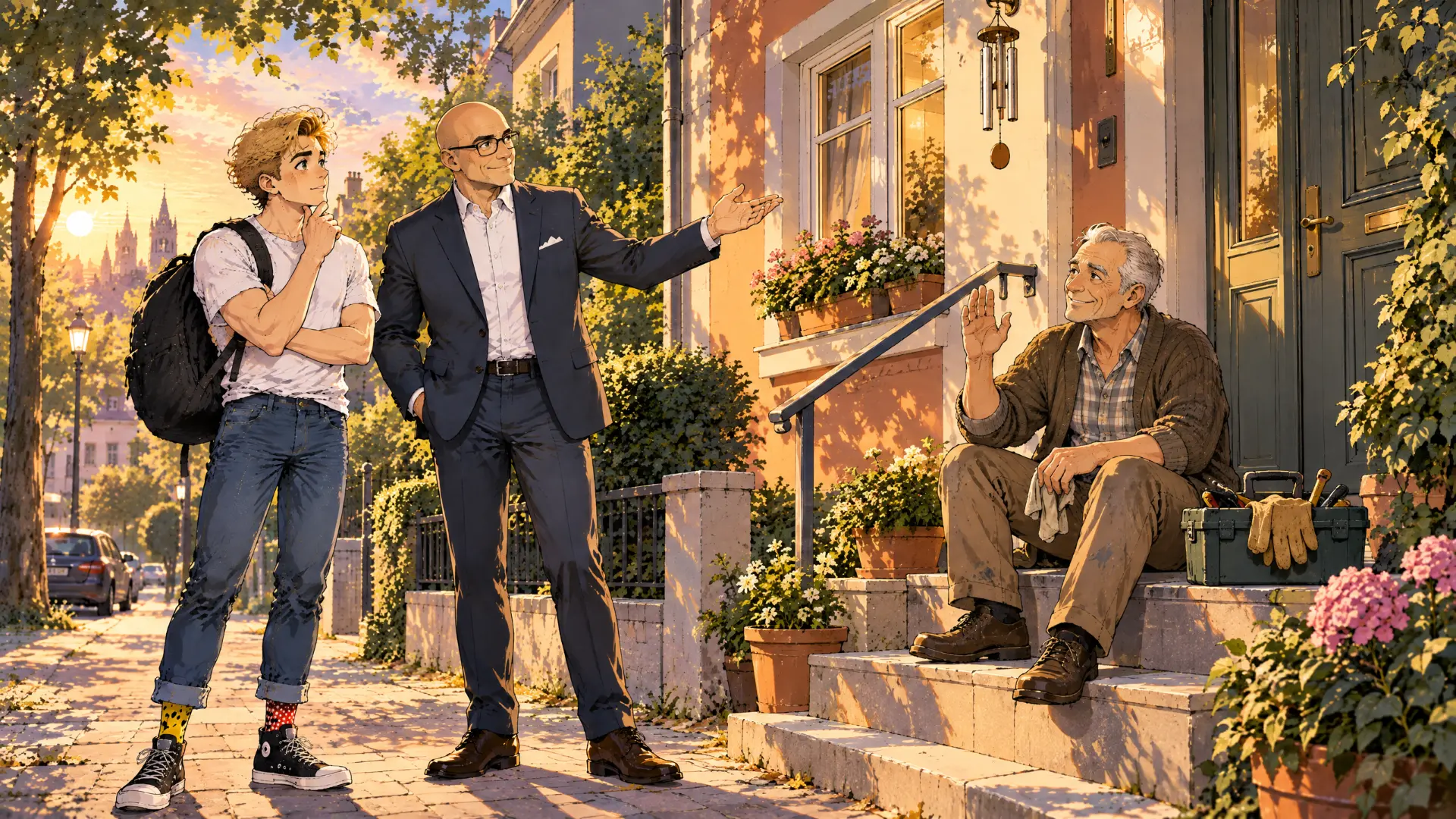 Marvin und Herr Müller treffen Herrn Brandt vor seinem Reihenhaus in der Kurzgeschichte NiuTerra – Eigentum und Verantwortung.